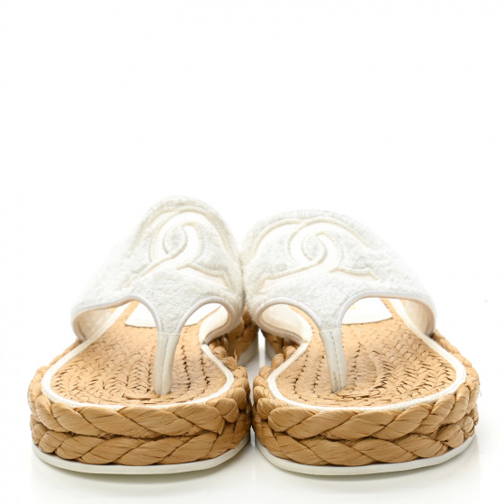 【関税&送料込】Off-White Sandal With Logo CHANEL Terry Cloth Raffia CC Logo Thong Sandals 37 White