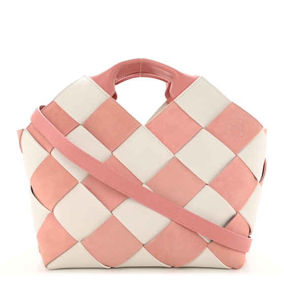 ハンドバッグ Loewe Basket Bag LOEWE Calfskin Suede Gingham Woven Basket Bag Pink White
