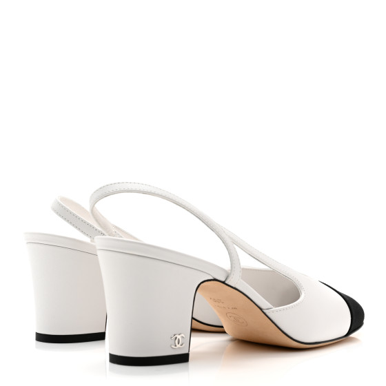 CHANEL Calfskin Cap Toe CC Slingback Pumps 38 Black White