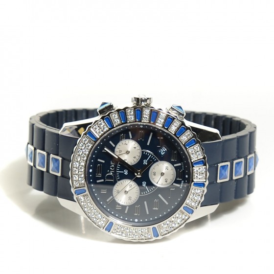 Christian Dior ネイビー シルバー 時計 CHRISTIAN DIOR Stainless Steel Rubber Diamond Blue Sapphire