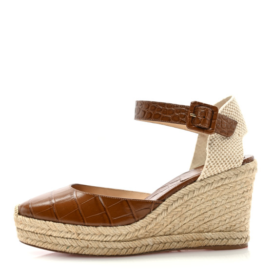 CHRISTIAN LOUBOUTIN Calfskin Crocodile Embossed Amelia 90 Espadrille Wedges 39 Brown