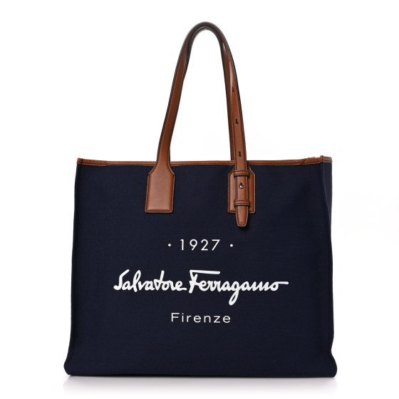 ☆Salvatore Ferragamo☆ 1927 Signature トートバッグ NAVY♪ SALVATORE FERRAGAMO Canvas 1927 Signature Tote Navy Brown