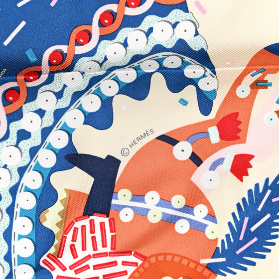 HERMES Silk Costume de Fete Scarf 90 Black Creme Bleu