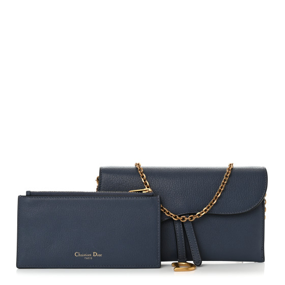 CHRISTIAN DIOR Goatskin Saddle Long Wallet With Chain Dark Blue