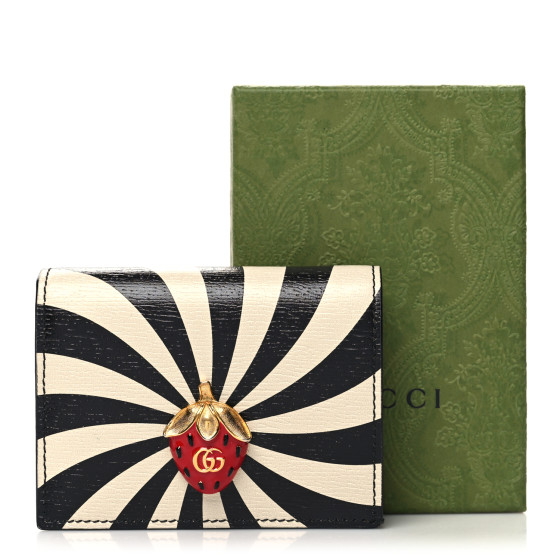 GUCCI Textured Calfskin Double G Strawberry Card Case Black