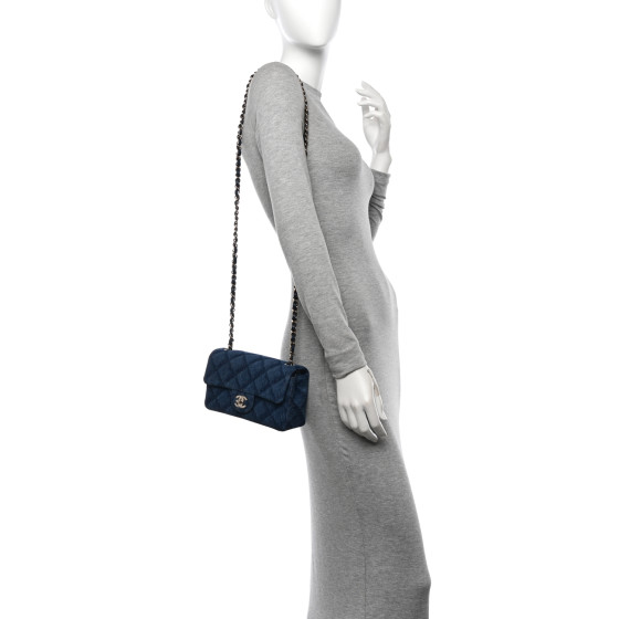 CHANEL Printed Denim Quilted Mini Rectangular Flap Dark Blue