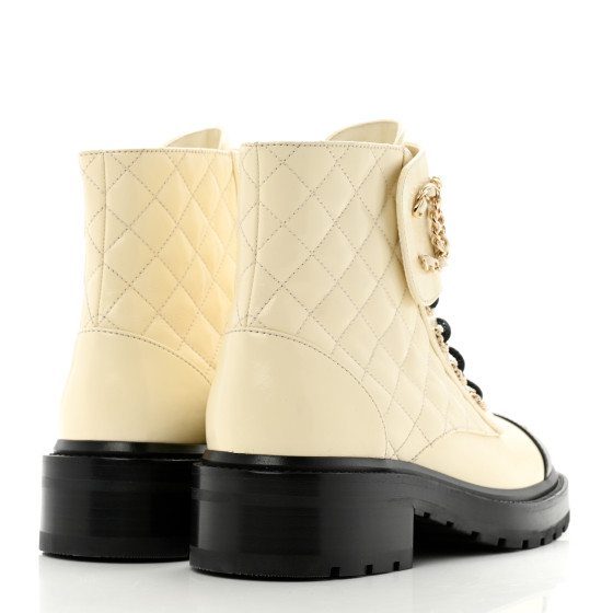 CHANEL Shiny Goatskin Calfskin Quilted Lace Up Combat Boots