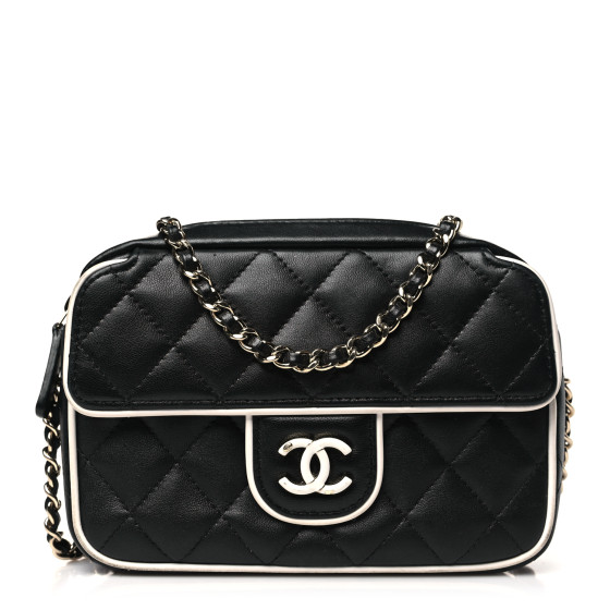 CHANEL Lambskin Resin Quilted Chain Camera Bag Black White