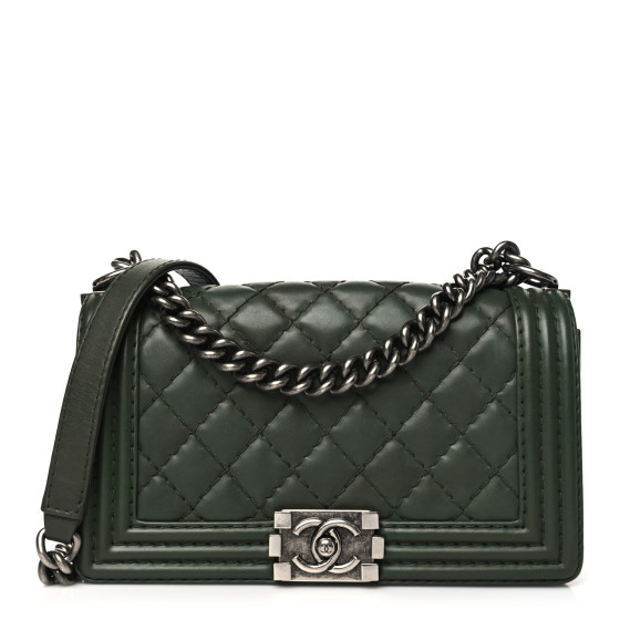 CHANEL Calfskin Stitched Medium Boy Flap Dark Green 1638846