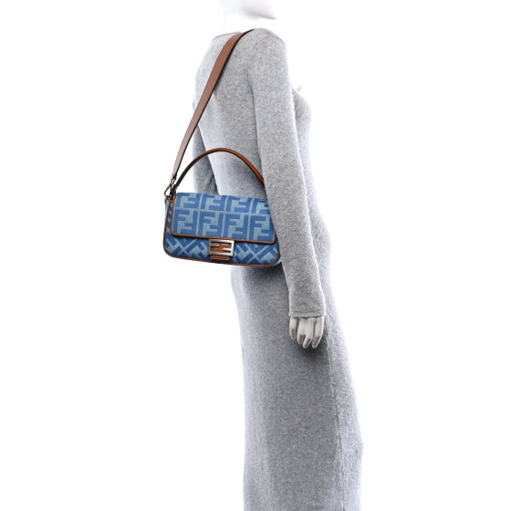 FENDI Denim Vitello King FF Embroidered Baguette Denim