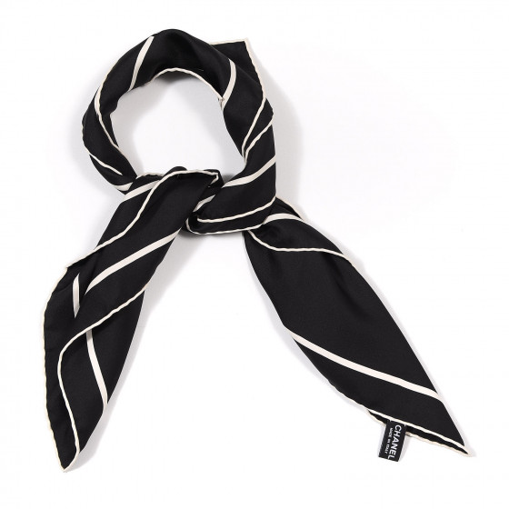 CHANEL Silk CC Logo Stripe Scarf Black White 609326