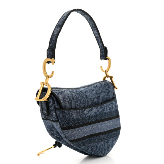 CHRISTIAN DIOR Denim Flowers Embroidered Saddle Bag Blue