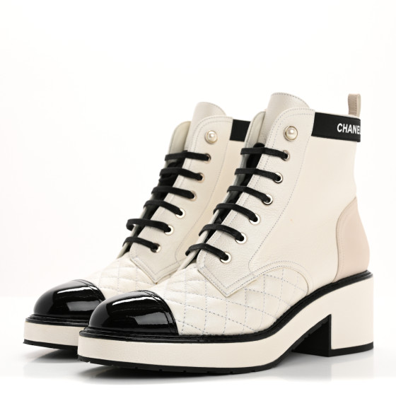 CHANEL Pearly Calfskin Patent Calfskin Quilted Lace Up Boots