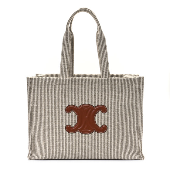 CELINE Canvas Calfskin Striped Triomphe Large Cabas Beige