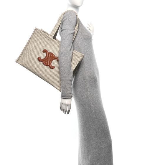 CELINE Canvas Calfskin Striped Triomphe Large Cabas Beige