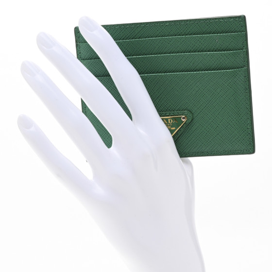PRADA Saffiano Triangle Card Case Mango 1671685 | FASHIONPHILE