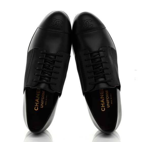 靴 CHANEL 36 CHANEL Calfskin Elastic Lace Up Cap Toe CC Loafers 36 Black