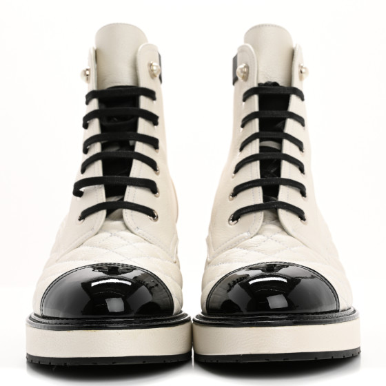 CHANEL Pearly Calfskin Patent Calfskin Quilted Lace Up Boots