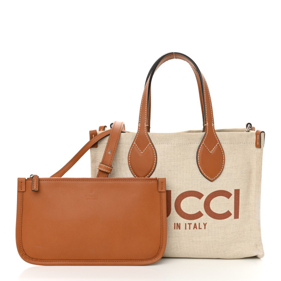 トートバッグ Gucci Medium Tote Bag In Printed Canvas GUCCI Canvas Calfskin Logo Print Medium Tote Bag Brown