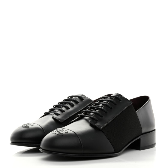 靴 CHANEL 36 CHANEL Calfskin Elastic Lace Up Cap Toe CC Loafers 36 Black