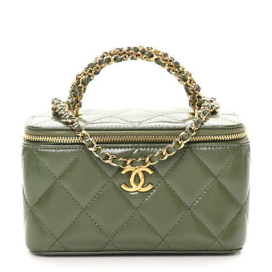 CHANEL Shiny Crumpled Calfskin Quilted Pick Me Up Vanity Case Khaki