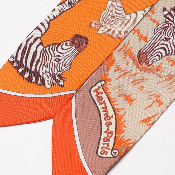 HERMES Silk Les Zebres Twilly Orange Beige Brun 262393