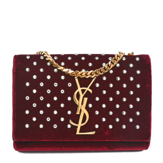 SAINT LAURENT Velvet Crystal Studded Monogram Small Kate Satchel Red