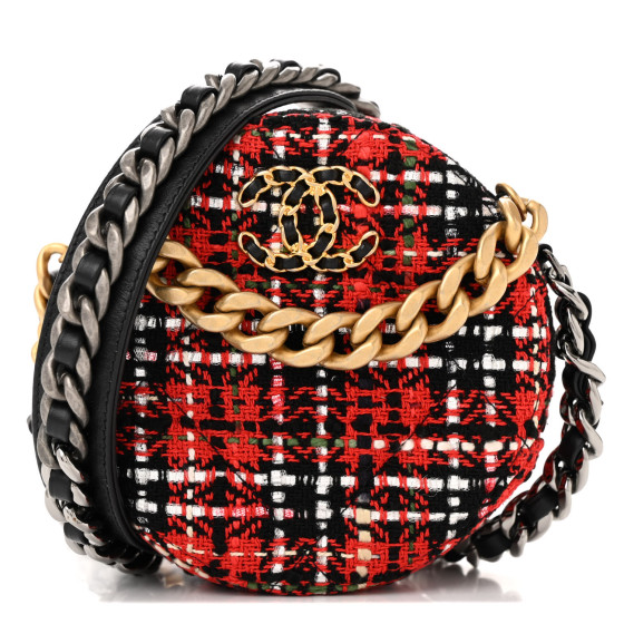 CHANEL Tweed Quilted Chanel 19 Round Clutch With Chain  Red Black White Green