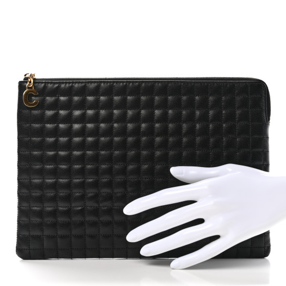 CELINE Calfskin Quilted C Charm Pouch Black