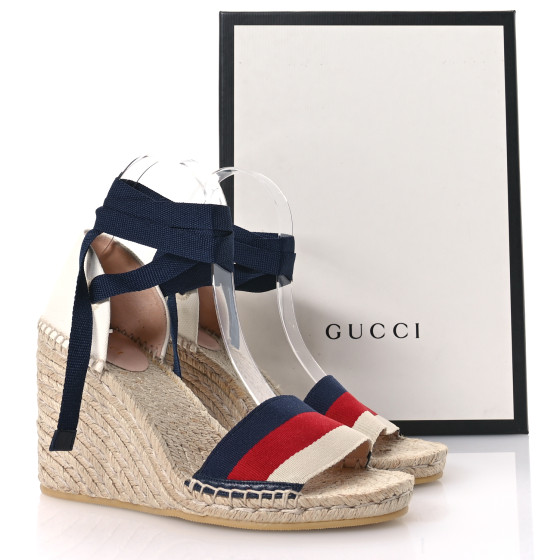 GUCCI Canvas Sylvie Web Ankle Wrap Espadrille Wedge Sandals