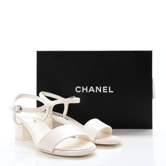 CHANEL Lambskin Logo Ankle Strap Sandals 36 White 1670905