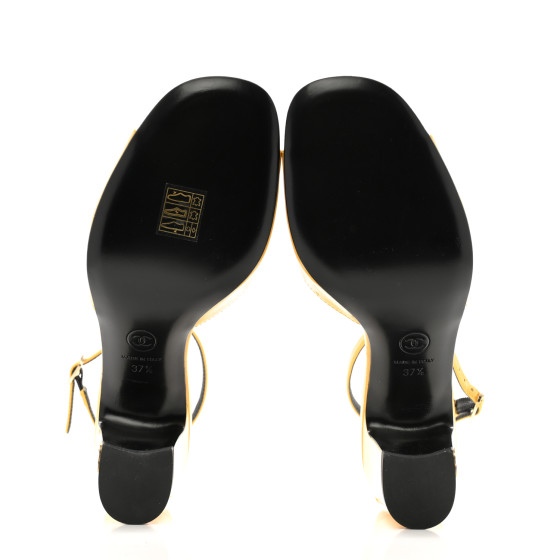 CHANEL Patent CC Ankle Strap Sandals 37.5 Yellow 1676619