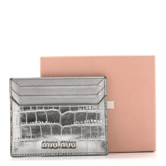 MIU MIU Crocodile Embossed Card Holder Silver 1676045