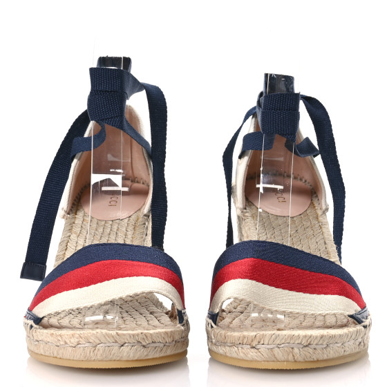 GUCCI Canvas Sylvie Web Ankle Wrap Espadrille Wedge Sandals
