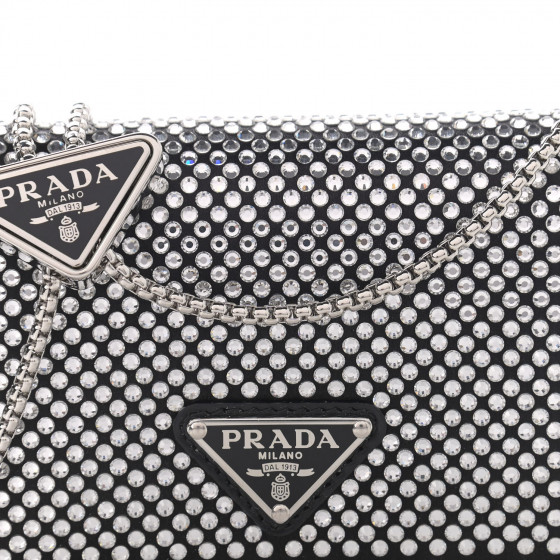 PRADA Satin Crystal Metal Triangle Logo Card Holder With