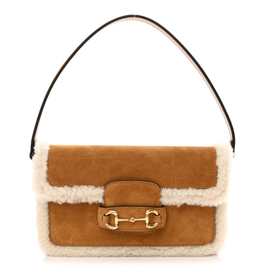 GUCCI Suede Shearling Mini Horsebit 1955 Shoulder Bag Honey