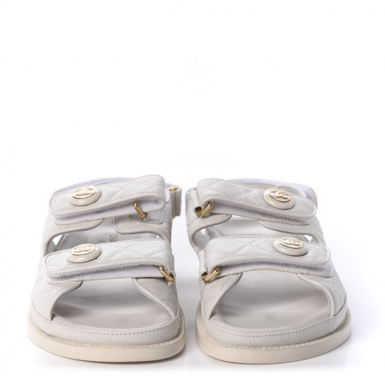 CHANEL Grained Calfskin Quilted Velcro Dad Sandals 38 White