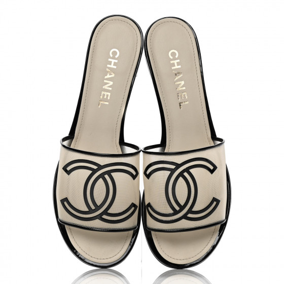 CHANEL Mesh Patent Calfskin CC Sandal Mule 41 Beige Black