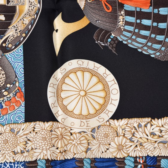 HERMÈS サムライ スカーフ HERMES Silk Parures de Samouraïs Scarf 90 Ebene Bleu Orange
