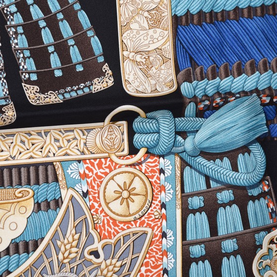 HERMES Silk Parures de Samouraïs Scarf 90 Ebene Bleu Orange