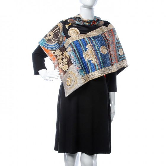 HERMÈS サムライ スカーフ HERMES Silk Parures de Samouraïs Scarf 90 Ebene Bleu Orange
