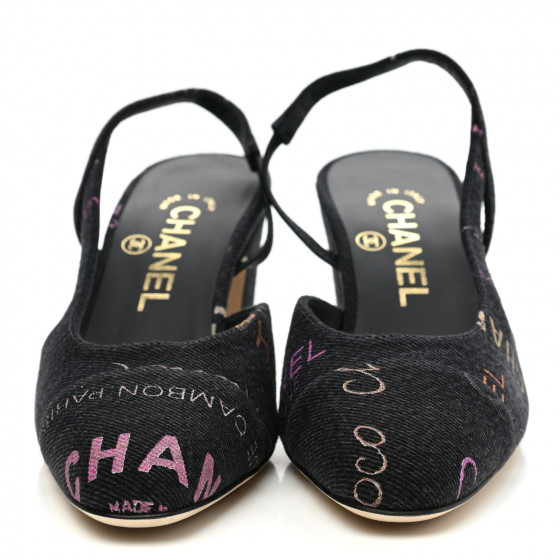 CHANEL Denim Cap Toe Denim Mood Slingback Pumps 35 Black