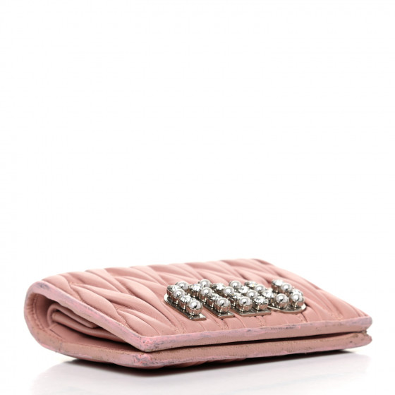 MIU MIU Nappa Matelasse Crystal Pearl Logo Compact Wallet