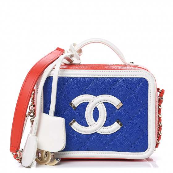 CHANEL Caviar Quilted Small CC Filigree Vanity Case Blue White Red