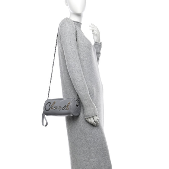 CHANEL Calfskin Chain 20s Signature Bowling Bag Light Gray