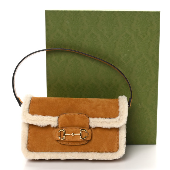 GUCCI Suede Shearling Horsebit Mini 1955 Shoulder Bag Honey