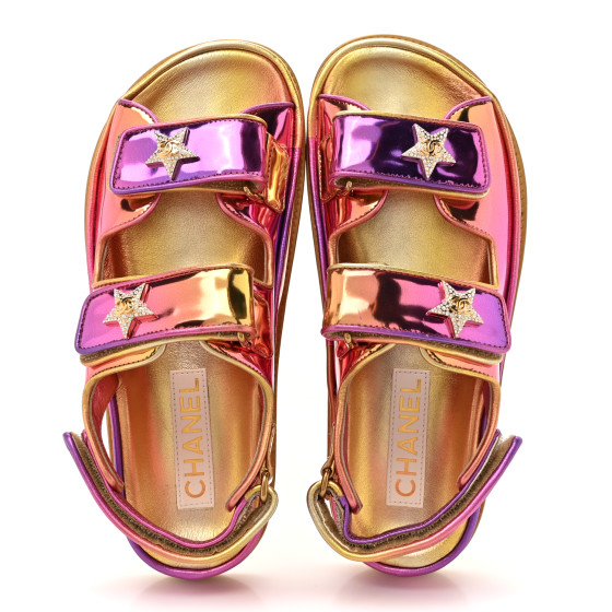 [CHANEL]★Velcro Cubic Sandals Chanel White Textured Leather Velcro Dad Sandals Size 6.5/37