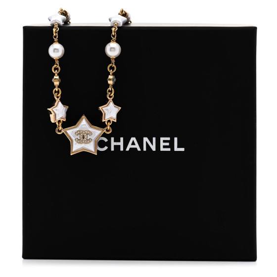 CHANEL Metal Pearl Crystal CC Star Gold Pearly White 1654438