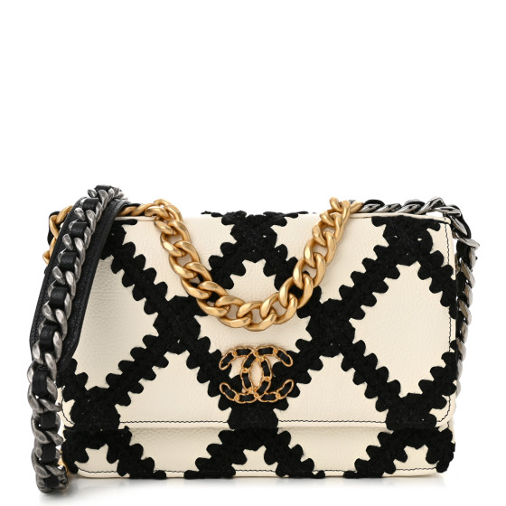 CHANEL Calfskin Crochet Chanel 19 Wallet On Chain WOC White