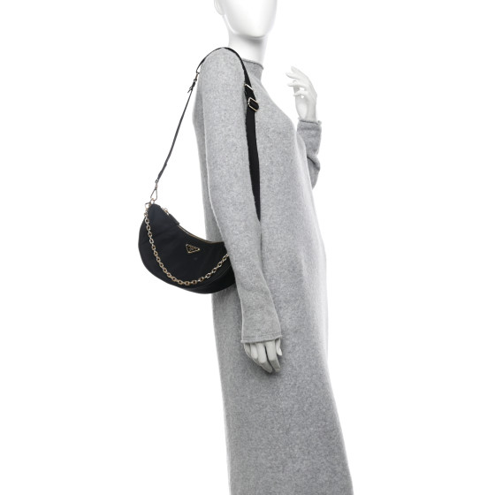 PRADA Re-Nylon Saffiano Demi-lune Shoulder Bag Black 1663375